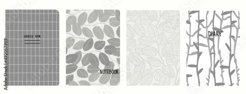 Set of cover page templates with elm tree branches and leaves. Based on seamless patterns. Headers isolated and replaceable. Perfect for school notebooks, diaries