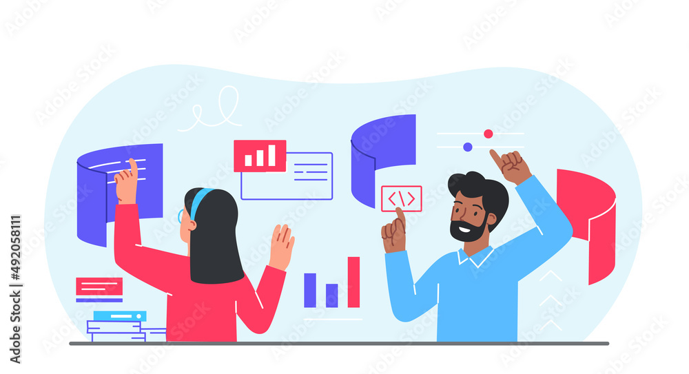 Concept of interface. Man and girl make out page on Internet, application development. Freelancers and coworking, colleagues working on same project, teamwork. Cartoon flat vector illustration Concept of interface. Man and girl make out page on Internet, application development. Freelancers and coworking, colleagues working on same project, teamwork. Cartoon flat vector illustration