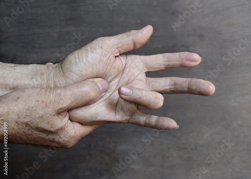 Flexor tendon pain in Asian old man. Tendons injury.