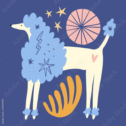 Poodle vector clipart dog sticker. Dogs breed. EPS and JPG illustration. Funky doodle trendy print, colorful handdrawn childish cartoon art. Groovy fauve abstract collage decor elements in authors