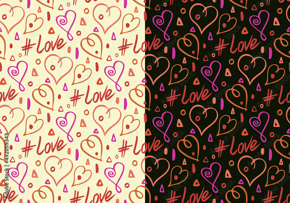Doodle ink brush, monochrome abstract seamless pattern. Thick hand drawn hearts, love word, red pink colors. Hand drawn cartoon style. White or black easy editable background. Vector