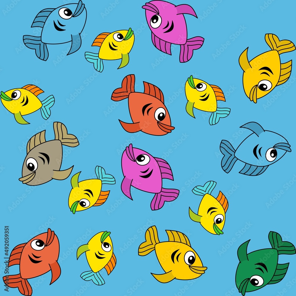 Naklejka premium Wrapping paper of cute fish swimming in their environment with coloured background