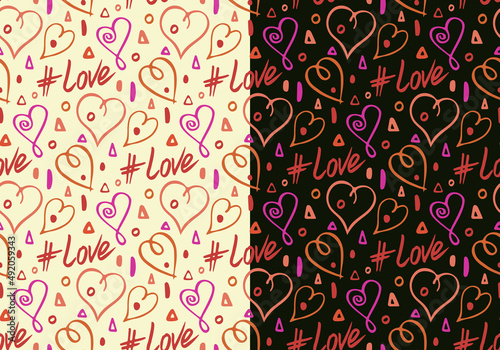 Doodle ink brush, monochrome abstract seamless pattern. Thick hand drawn hearts, love word, red pink colors. Hand drawn cartoon style. White or black easy editable background. Vector