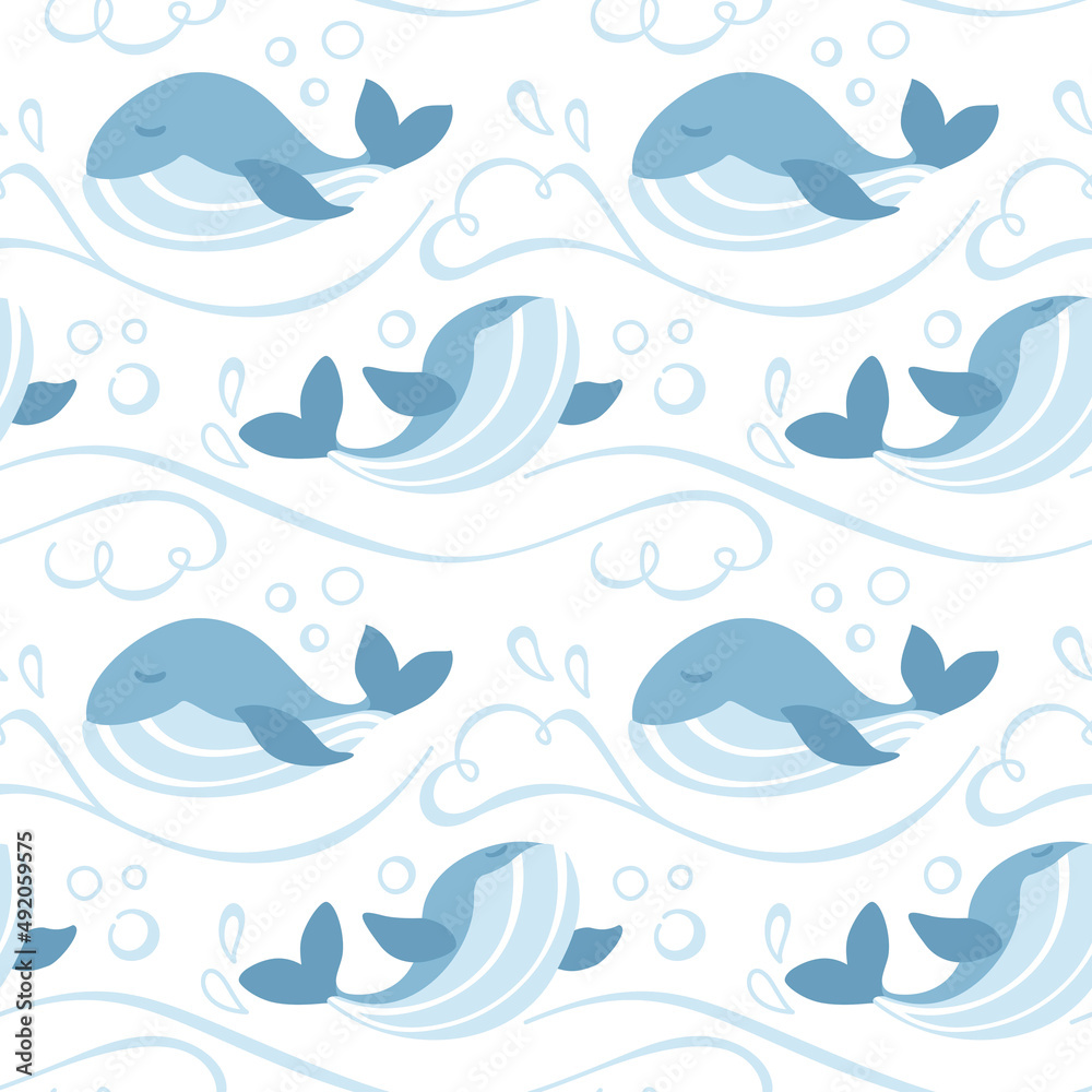 Cute whales in the deep ocean. Waves and splash. Seamless pattern for kid products. Cute whales in the deep ocean. Waves and splash. Seamless pattern for kid products.