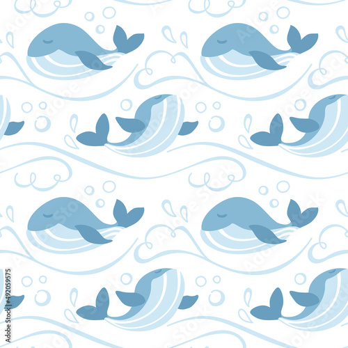Cute whales in the deep ocean. Waves and splash. Seamless pattern for kid products.