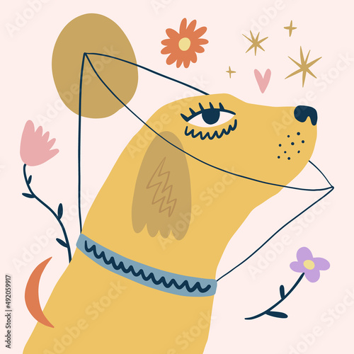 Girl labrador. Vector clipart dog sticker. Dogs breed. EPS and JPG illustration. Funky doodle trendy print, colorful handdrawn childish cartoon art. Groovy fauve abstract collage decor elements in