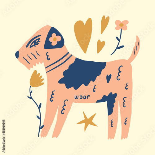 Vector clipart terrier dog sticker. Dogs breed. EPS and JPG illustration. Funky doodle trendy print, colorful handdrawn childish cartoon art. Groovy fauve abstract collage decor elements in authors