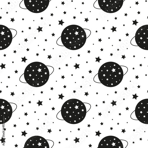 Black and white seamless pattern with planets, stars.