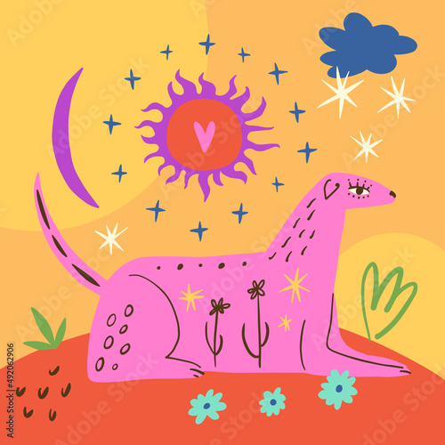 Vector clipart dog sticker. Dogs breed. EPS and JPG illustration. Funky doodle trendy print, colorful handdrawn childish cartoon art. Groovy fauve abstract collage decor elements in authors style.