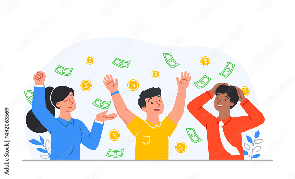 Rain of money. People rejoice in earnings, successful entrepreneurs and investors. Advertising banner for site, award to the winner. Promotion of goods on Internet. Cartoon flat vector illustration
