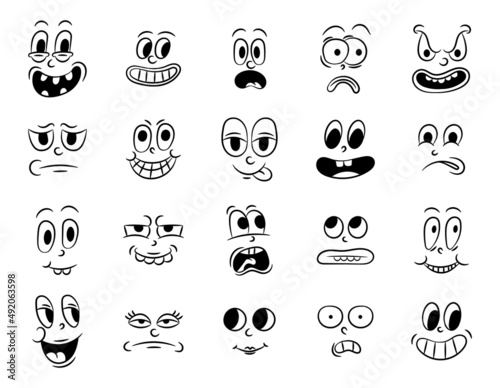 Collection of old retro traditional cartoon animation. Vintage faces of people with different emotions of the 20s 30s. Emoji character expressions 50s 60s. Head faces design elements in comic style