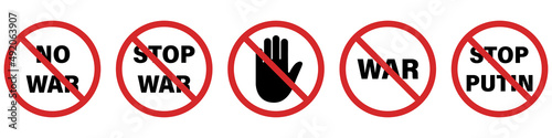 Red Sign Stop War. Red Ban No War Symbol. Stop Ukrainian, Russian Army Fight. Ban Ukraine, Russia Military Battle. Hand Stop War Icon. Stop Putin Sign. No Conflict Attention Sign. Vector Illustration