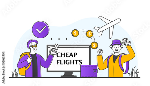 Saving vacation budget. Man receives cashback, bonus program, accumulated points for paying for flights. Character rejoices at profitable offer and financial literacy. Cartoon flat vector illustration
