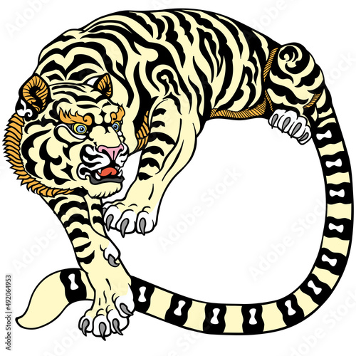 White tiger, stylized peaceful big cat. Chinese astrological sign. Celestial feng shui animal. Vector illustration