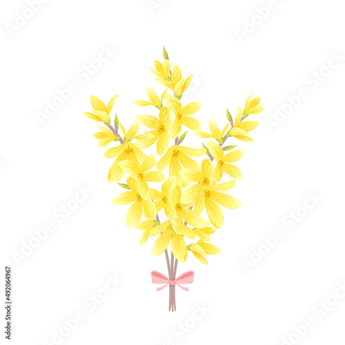 Bouquet of blooming forsythia. Vector cartoon illustration of yellow spring flowers.