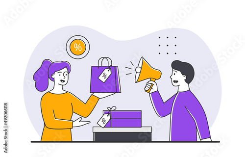 Special proposition concept. Man with megaphone calls customers to store. Discounts and special offers. Girl came to supermarket, shopping and consumerism metaphor. Cartoon flat vector illustration