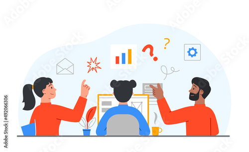 Concept of start up. Girls and men evaluate indicators on chart, investors conferring. Characters exploring market. Brainstorming and discussing idea, partnership. Cartoon flat vector illustration