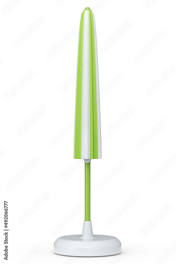 Green striped beach umbrella for lounge zone on seashore isolated on white.