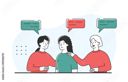 Support each other. Girls comfort upset friend, psychological help and mental health. Emotional outburst, frustrations and problems at work and in personal life. Cartoon flat vector illustration