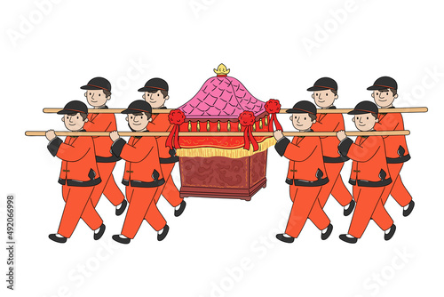 Procession for religious activities, eight people carry the mikoshi