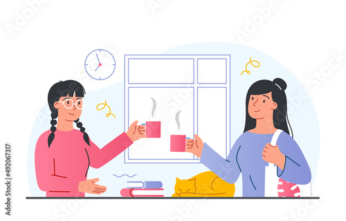 Tea time concept. Girls in apartment with coffee, rest after work. Mom and daughter spend time together, morning in family. Comfort and coziness, hostesses with cat. Cartoon flat vector illustration photo