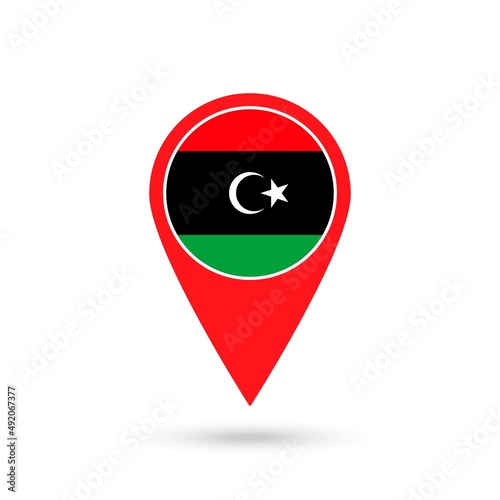 Map pointer with contry Libya. Libya flag. Vector illustration.