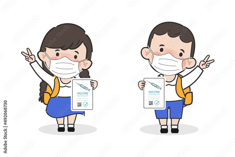 Hand drawn children wearing a face mask and got vaccinated to protection from coronavirus covid-19. Hand drawn children wearing a face mask and got vaccinated to protection from coronavirus covid-19.