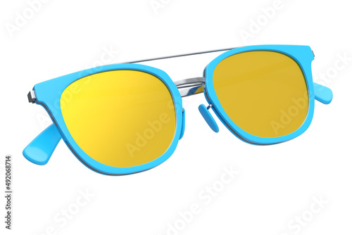Realistic sunglasess with gradient lens and blue plastic frame on white