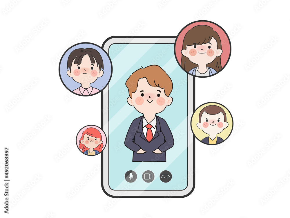 Group of people communication in group chat meeting application on smartphone. Group of people communication in group chat meeting application on smartphone.