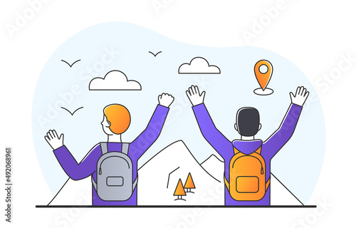 Two travelers near mountains. Guys in nature, recreation, active lifestyle and adventure. Friends looking for new experiences, climbers or tourists on fresh air. Cartoon flat vector illustration