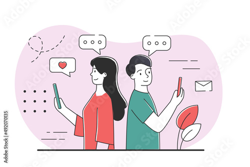 Virtual friendship concept. Girl and man with smartphones. Internet communication and modern technologies. Chatting online, social networks and instant messengers. Cartoon flat vector illustration