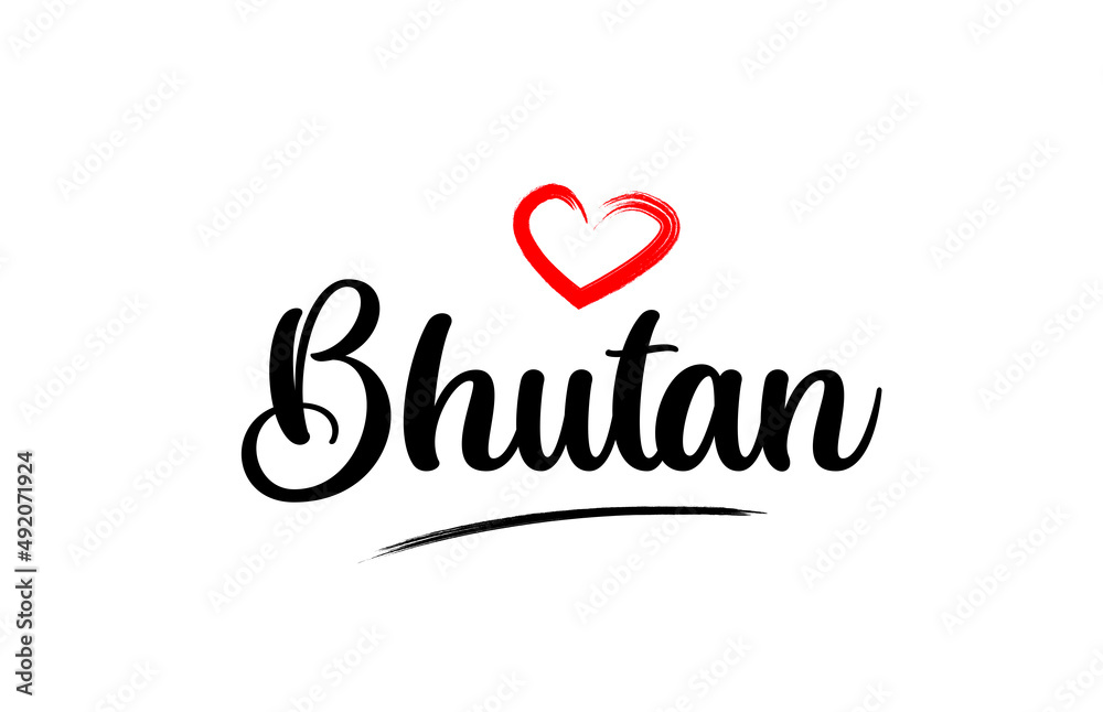 Bhutan country name with red love heart and black text