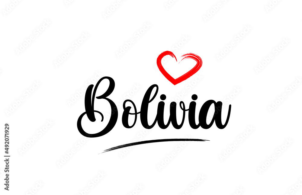Bolivia country name with red love heart and black text