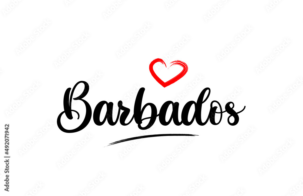 Barbados country name with red love heart and black text