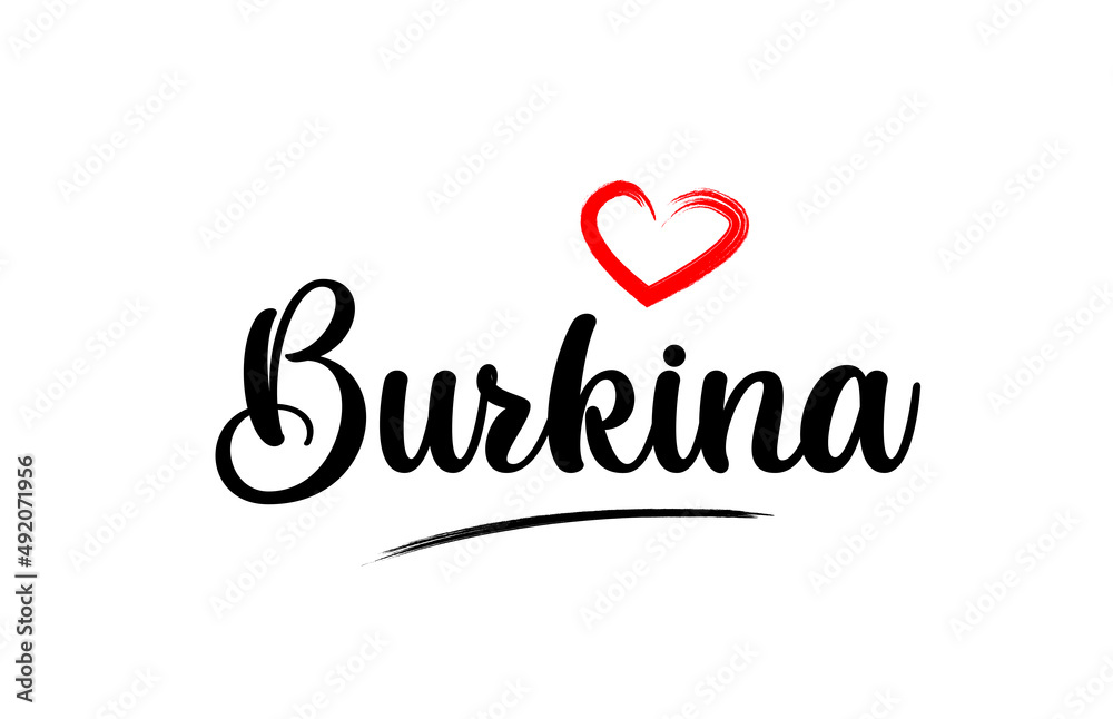 Burkina country name with red love heart and black text