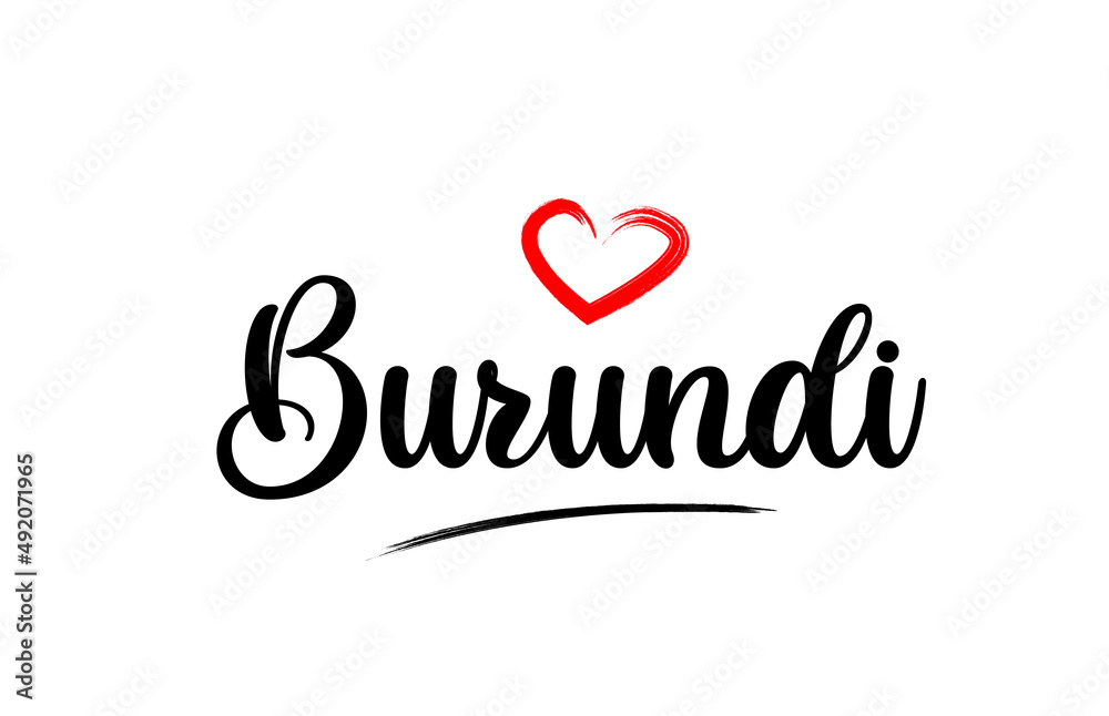 Burundi country name with red love heart and black text