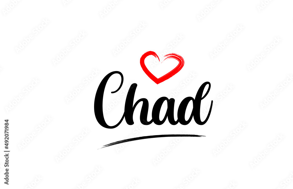 Chad country name with red love heart and black text