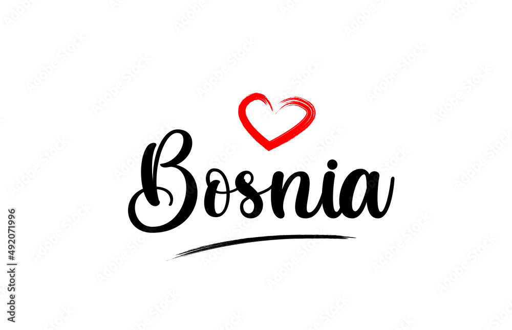 Bosnia country name with red love heart and black text