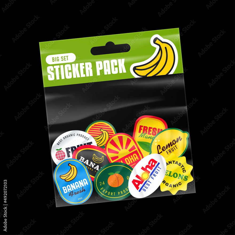 Fruit sticker pack. Packaging with fruits stickers. Peeled Paper Stickers.  Product packaging with transparent plastic packet. Isolated vector on black  background Stock Vector