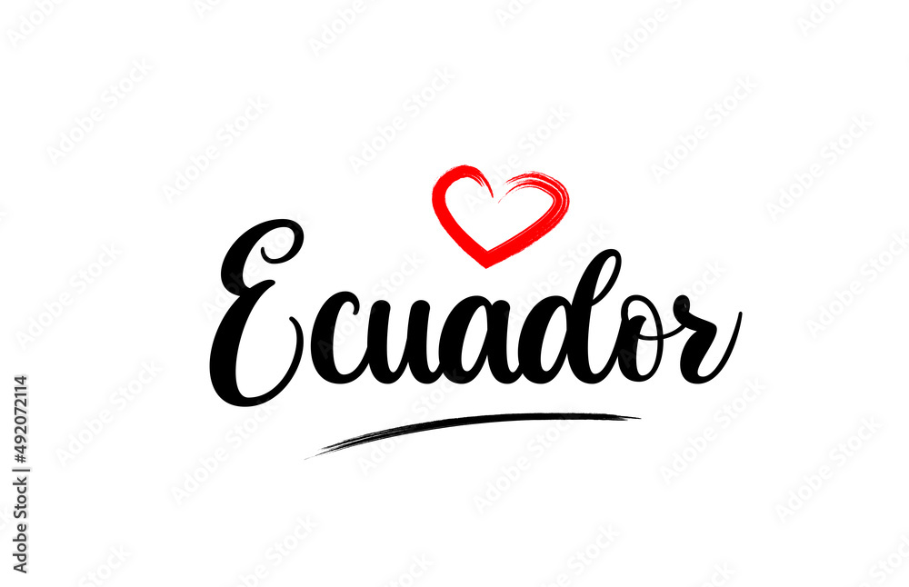 Ecuador country name with red love heart and black text