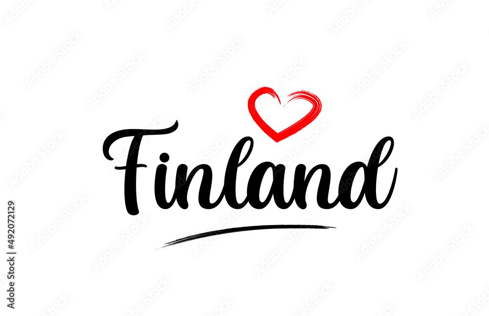 Finland country name with red love heart and black text