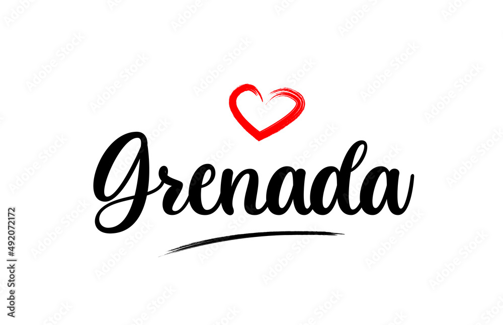 Grenada country name with red love heart and black text