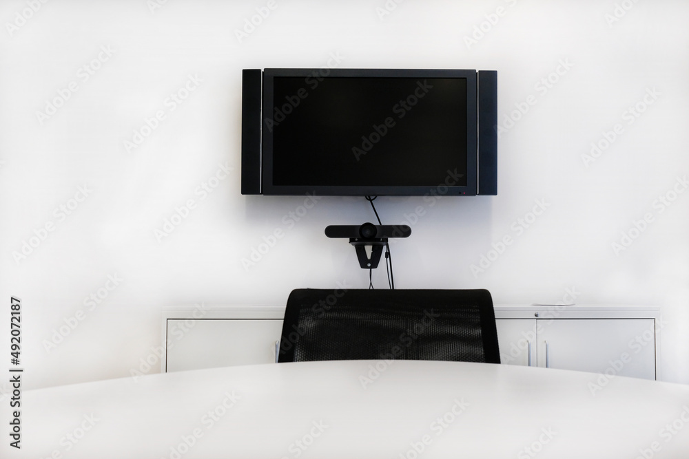 Video Call Wall Meeting room with video call equipment and screen on the wall Stock ...