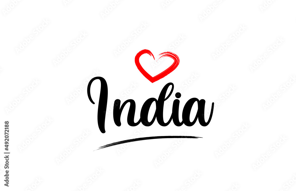 India country name with red love heart and black text