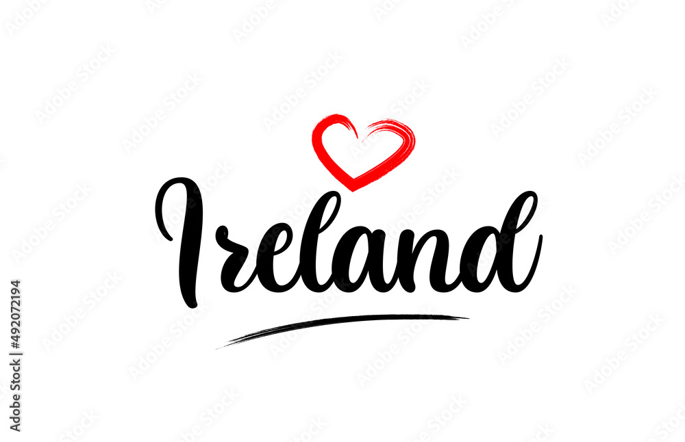 Ireland country name with red love heart and black text