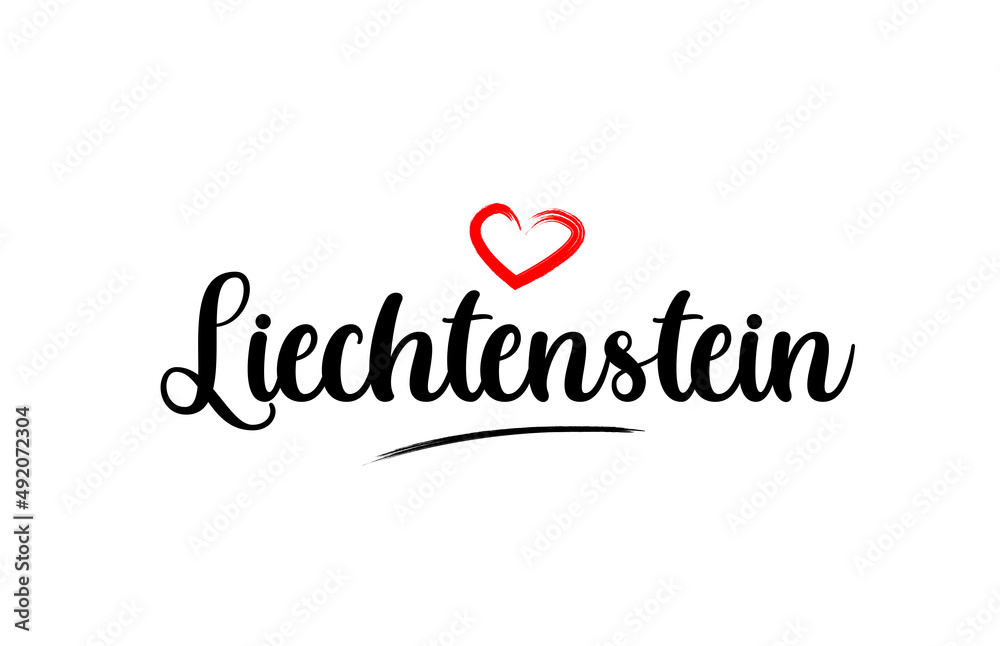 Liechtenstein country name with red love heart and black text