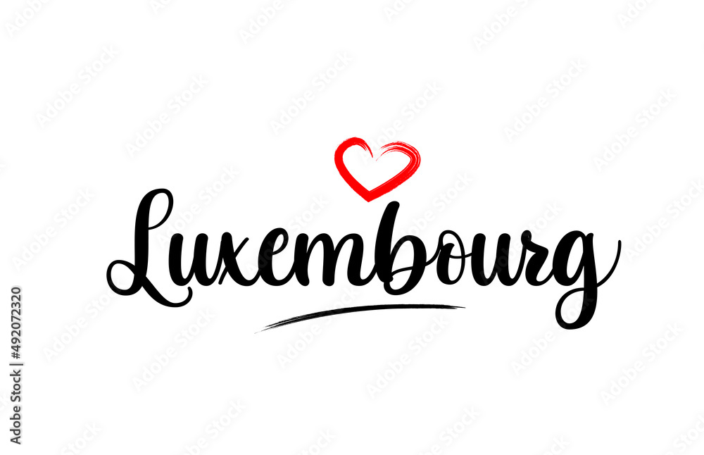 Luxembourg country name with red love heart and black text