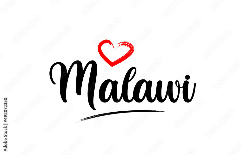 Malawi country name with red love heart and black text