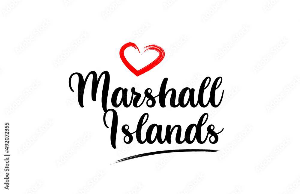 Marshall Islands country name with red love heart and black text