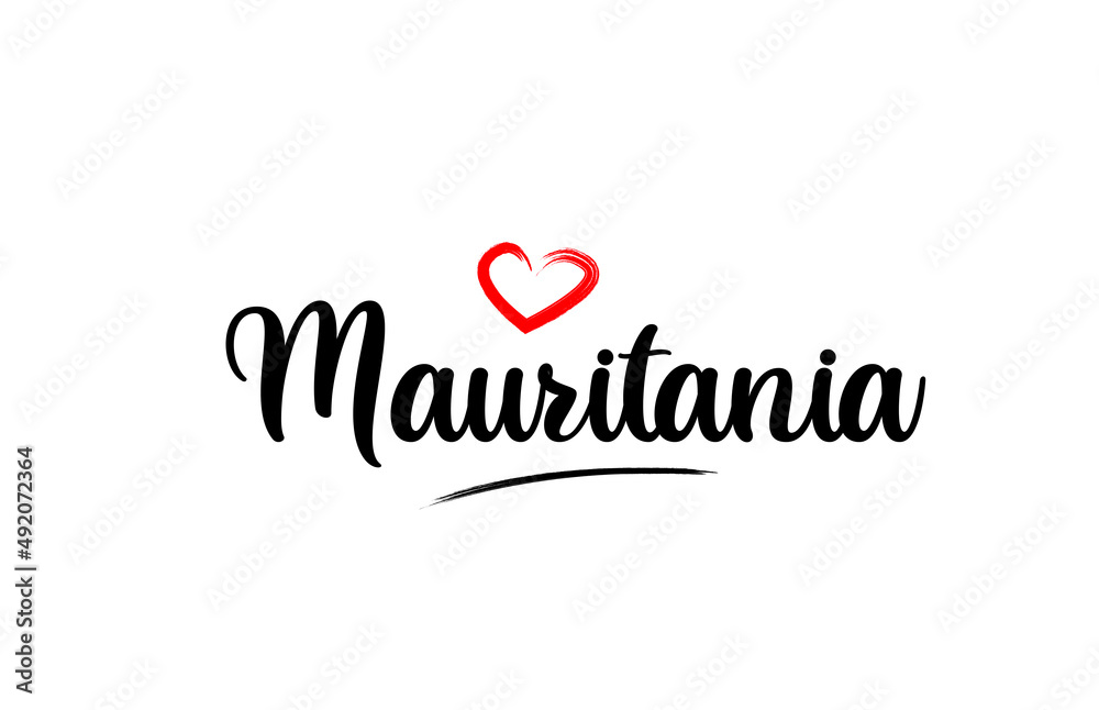 Mauritania country name with red love heart and black text